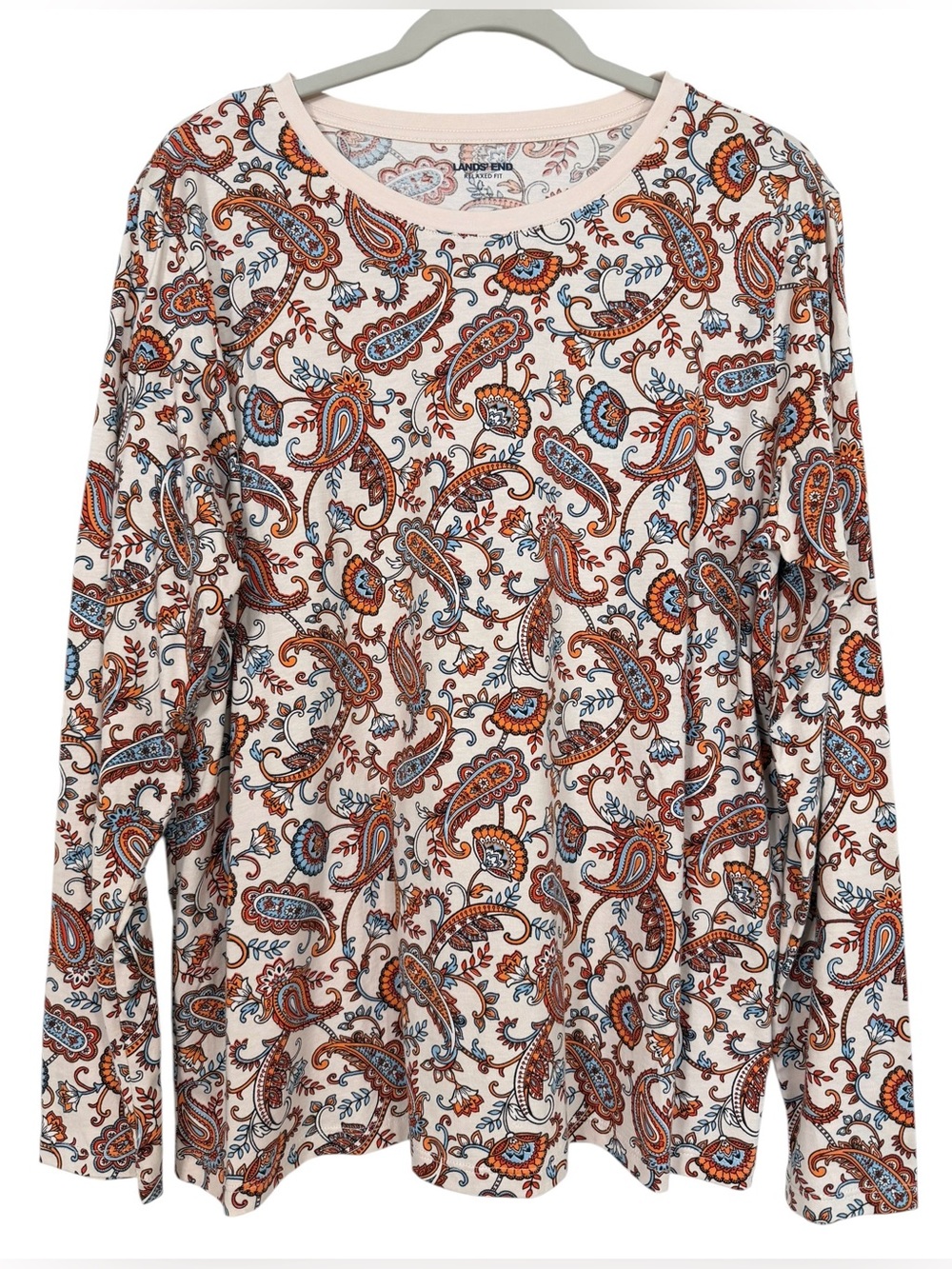Lands End Relaxed Fit Long Sleeve Shirt Crew Neck Supima Cotton Paisley Large